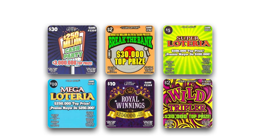 Holiday board: six Texas Lottery scratch tickets in falling snow