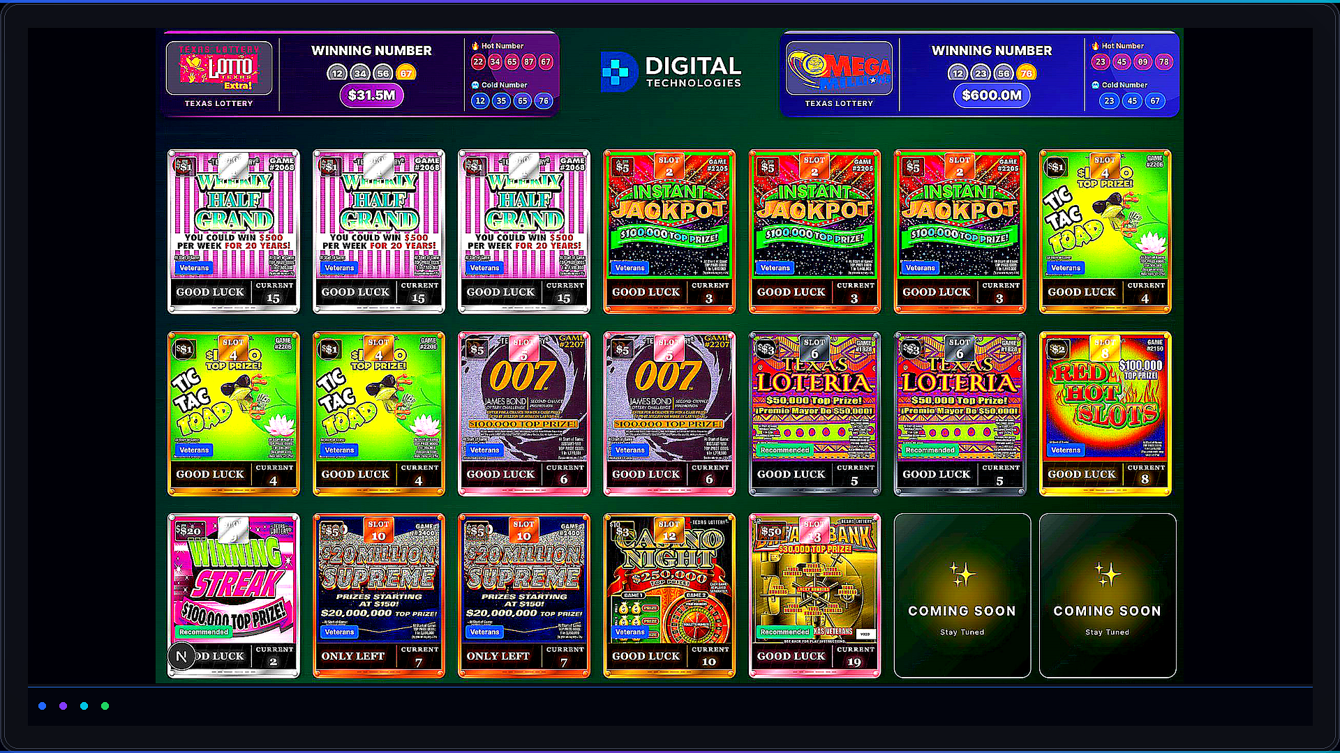 Live lottery display board with scratch-off tickets and jackpots